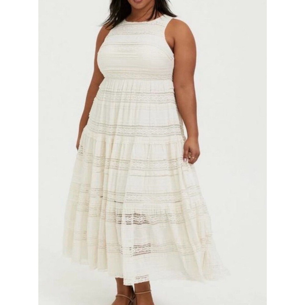 Torrid Size 30 Dress Womens Plus 6X Ivory White Lace Tiered Boho Crochet Maxi
